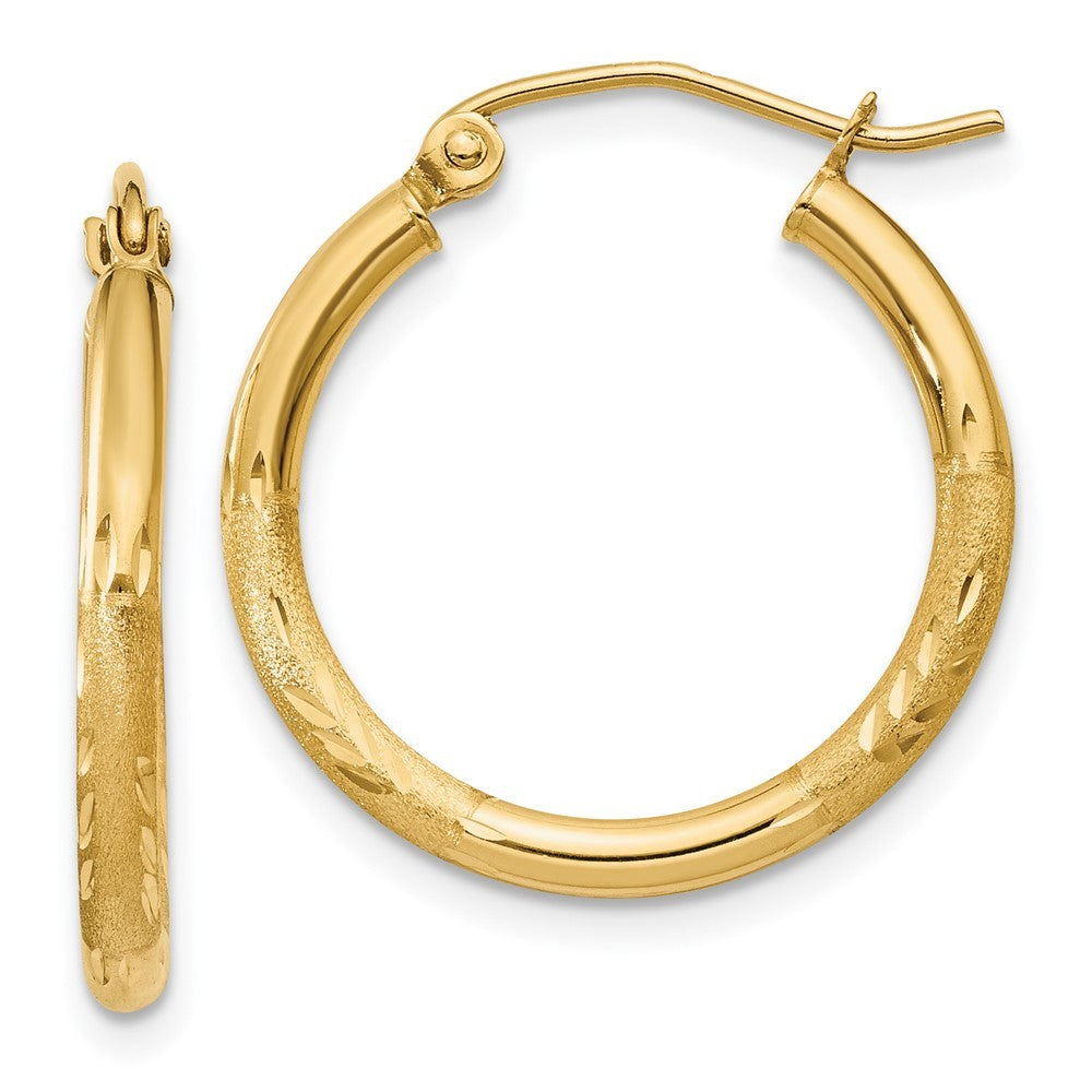 14k Yellow Gold Satin and Diamond-cut 2mm Round Tube Hoop Earrings
