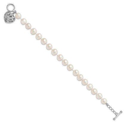 Sterling Silver 8-9mm White Near-Round Cultured Pearl Heart Toggle 7.5" Bracelet