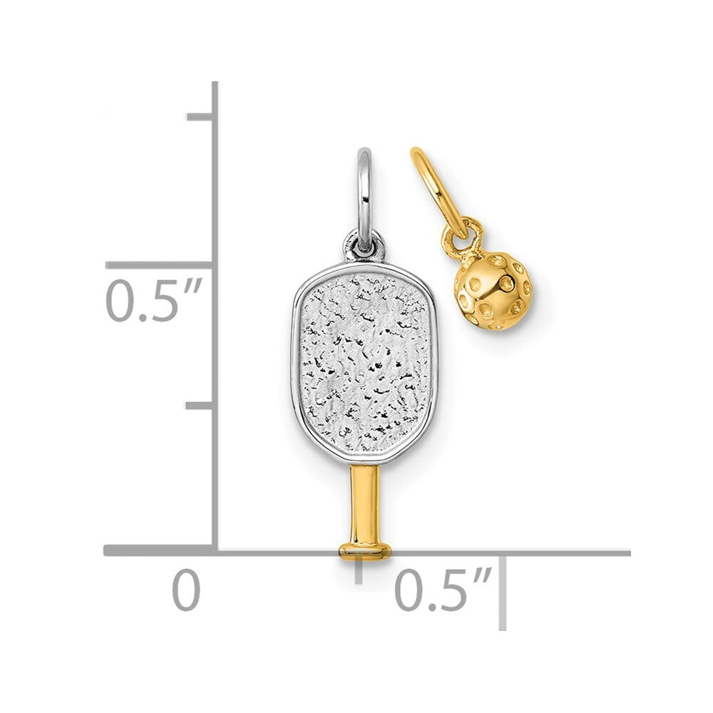 14k Yellow Gold White Rhodium Pickleball Paddle and Ball 2 Piece Pendant Set