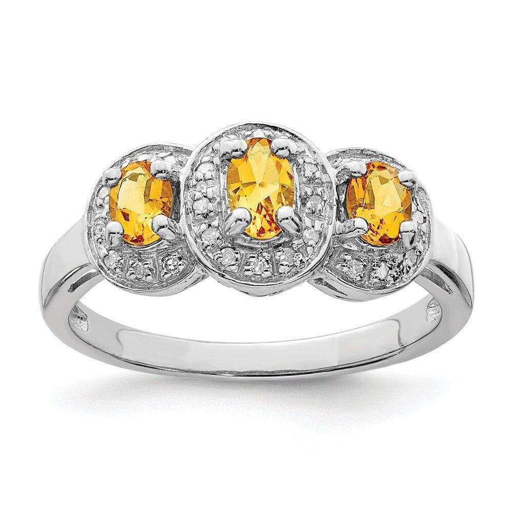 Sterling Silver Rhodium Citrine & Diamond Ring Size 8