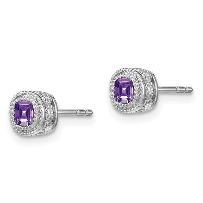 14k White Gold Cushion Amethyst and Diamond Stud Earrings