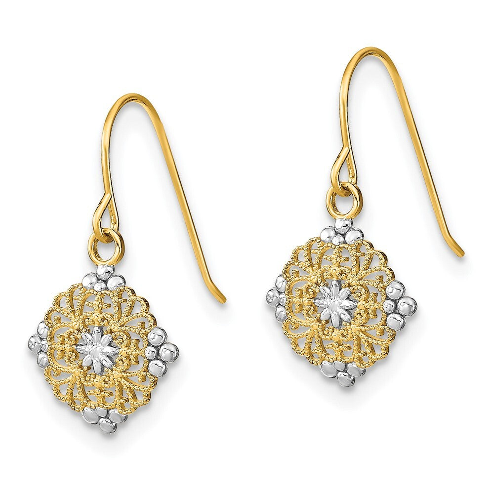 14k Yellow Gold Rhodium Diamond-Cut Center Mini Filigree Medallion Stud Earrings