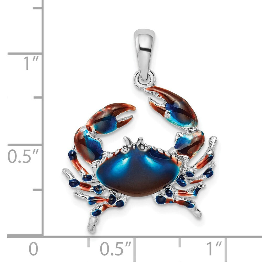 Sterling Silver Rhodium-Plated Polished Enameled Blue Stone Crab Pendant