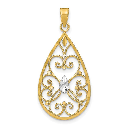 14k Yellow Gold Rhodium Heart Beaded Filigree Diamond-Cut Teardrop Charm Pendant