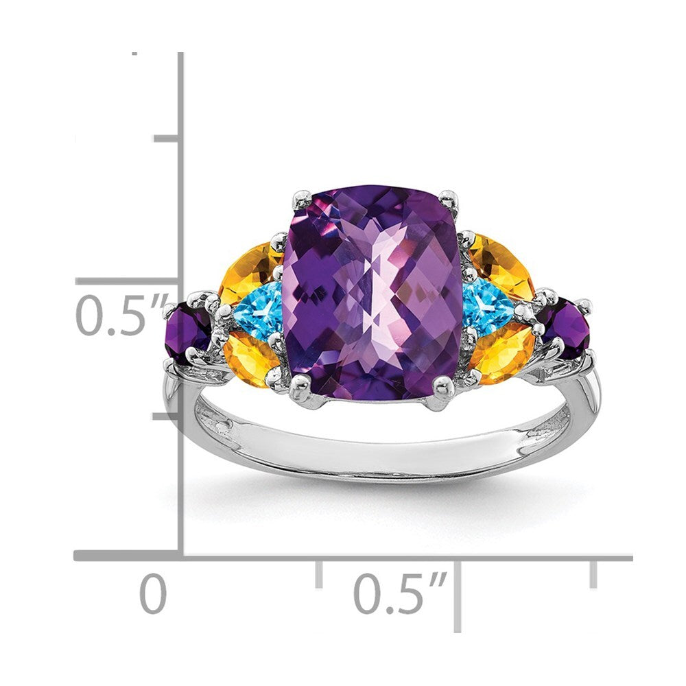 Sterling Silver Rhodium-plated Amethyst, Blue Topaz & Citrine Ring Size 6