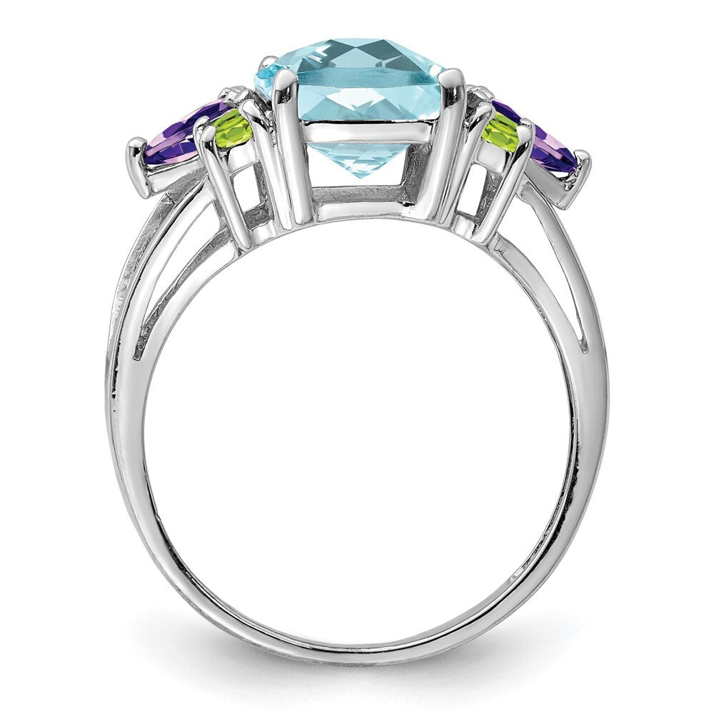 Sterling Silver Rhodium Light Swiss Blue Topaz, Amethyst & Peridot Ring Size 10