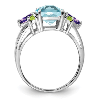 Sterling Silver Rhodium Light Swiss Blue Topaz, Amethyst & Peridot Ring Size 10