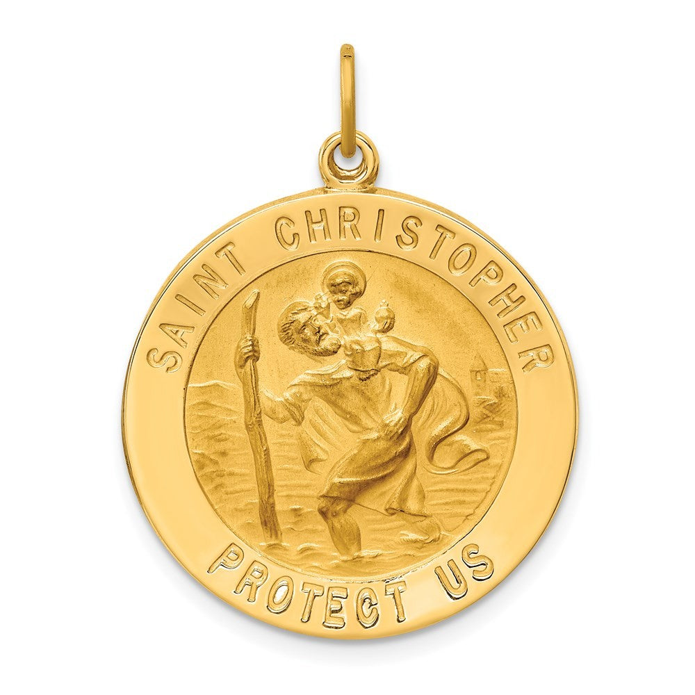 14k Yellow Gold Solid Polished Satin Large Round St. Christopher Medal