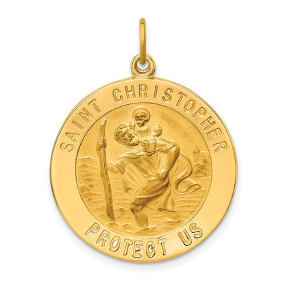 14k Yellow Gold Solid Polished Satin Large Round St. Christopher Medal