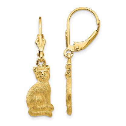 14k Yellow Gold Satin Cat Dangle Leverback Earrings