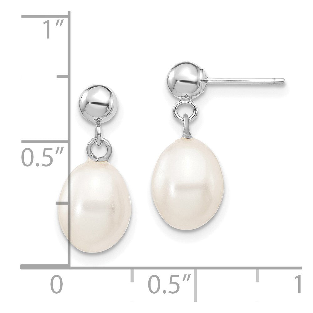 14k White Gold 7-8mm White Rice Freshwater Cultured Pearl Dangle Earrings