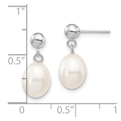 14k White Gold 7-8mm White Rice Freshwater Cultured Pearl Dangle Earrings