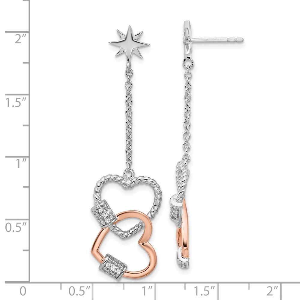 Sterling Silver Rose-tone Cubic Zirconia Hearts Dangle Post Earrings