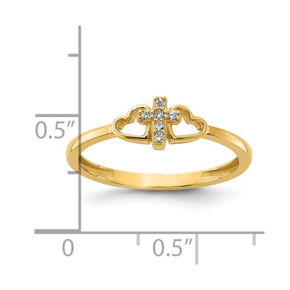 14K Yellow Gold Polished CZ Cross and Hearts Ring Size 8