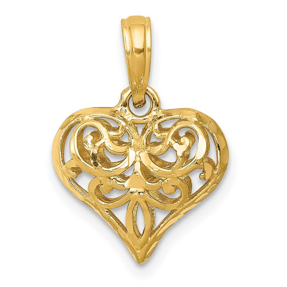 14k Yellow Gold Polished 3-D Filigree Puffed Heart Pendant for Women