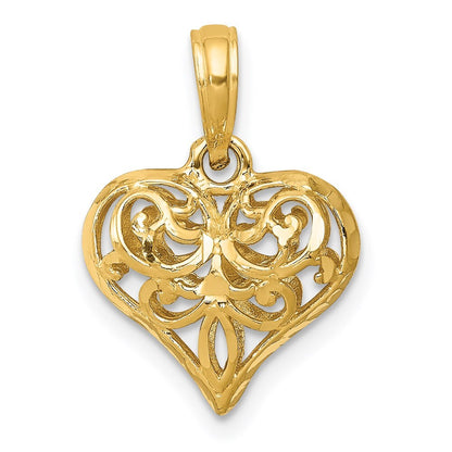 14k Yellow Gold Polished 3-D Filigree Puffed Heart Pendant for Women
