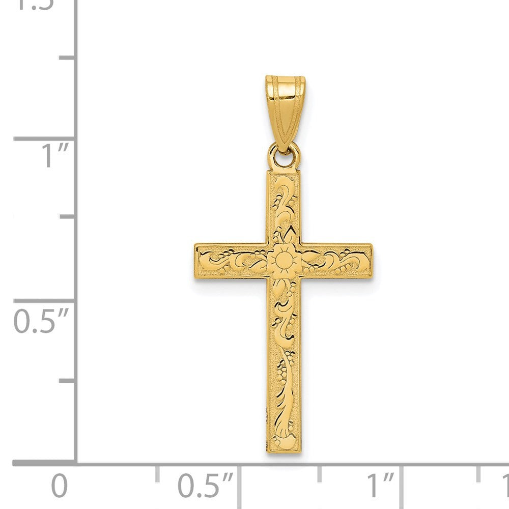 14k Yellow Gold Etched Floral Cross Pendant