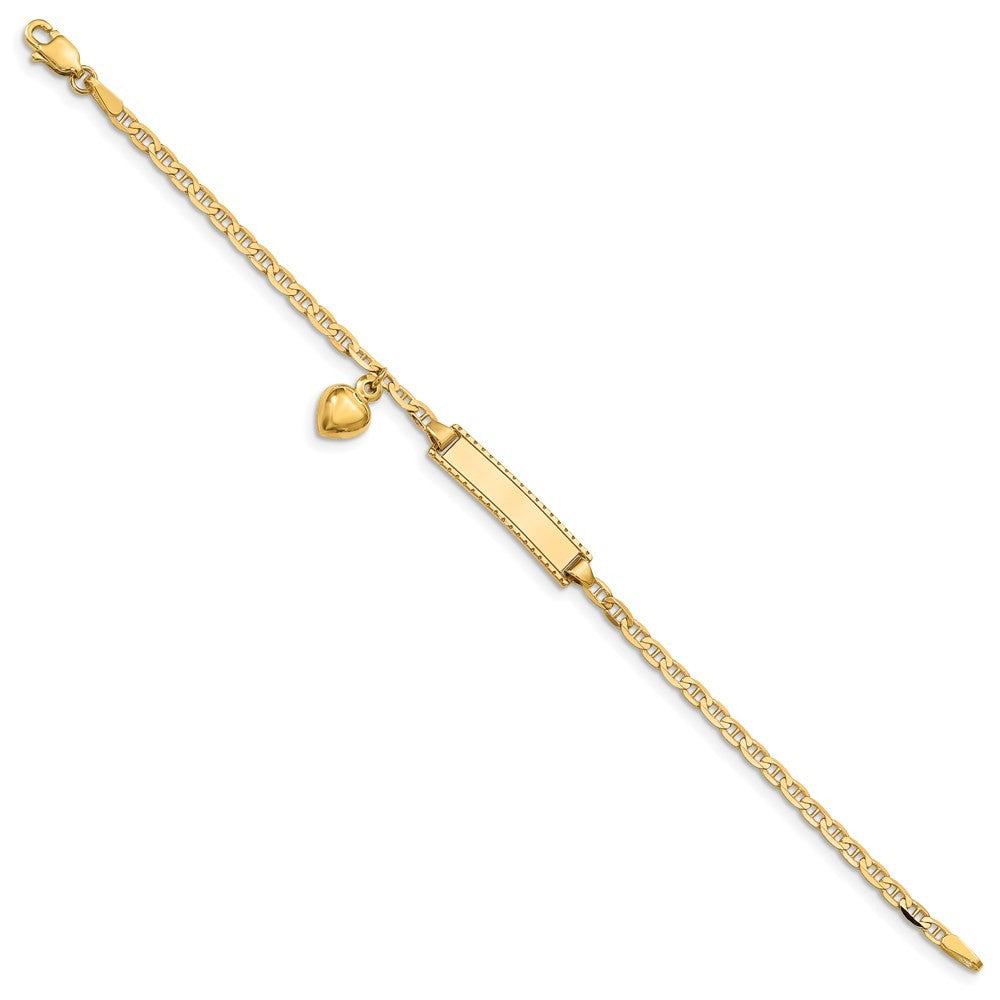 14k Gold  Solid Chain Heart Dangle Anchor 20x5mm Plate 5.5" Child ID Bracelet