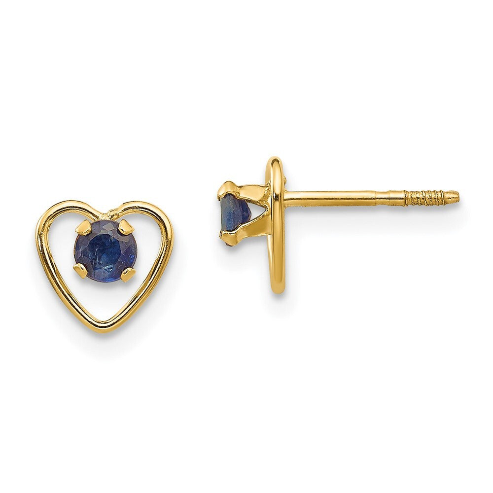 14k Yellow Gold 3mm Created Sapphire Birthstone Heart Stud Earrings