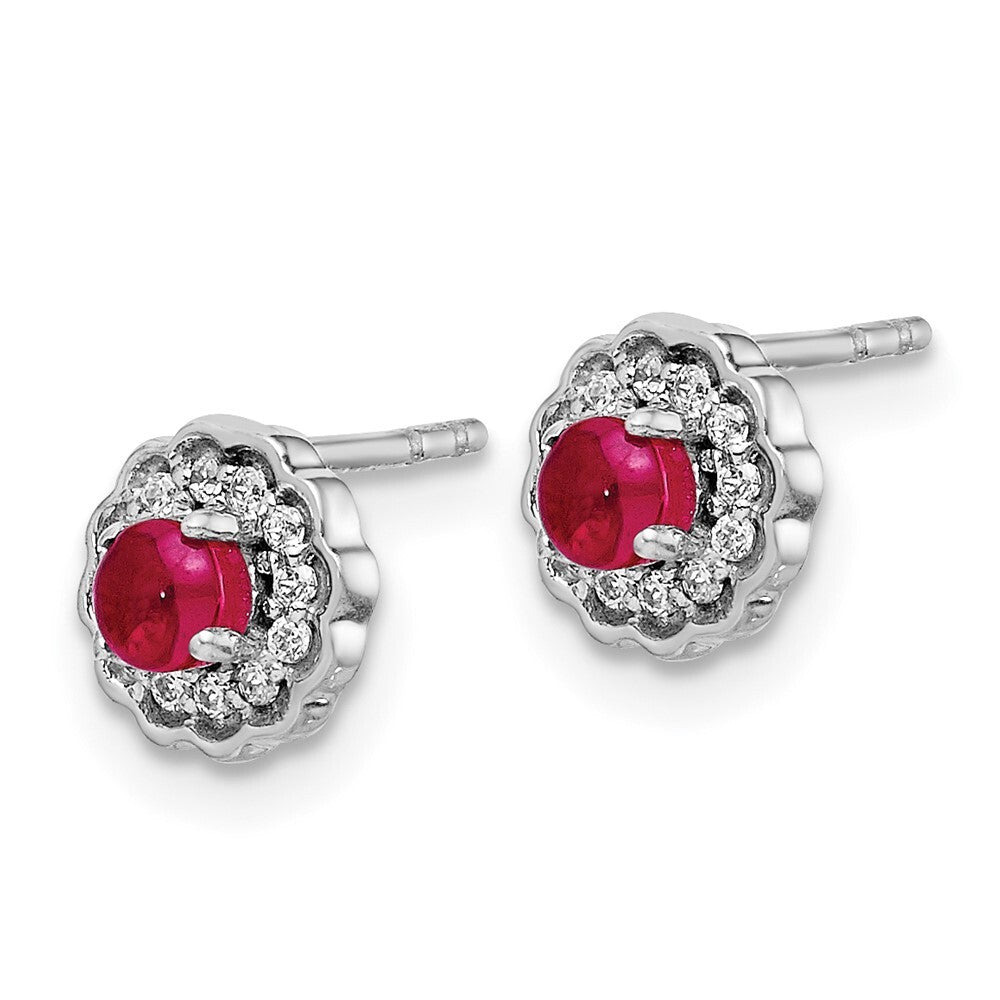 14k White Gold Diamond and Cabochon Ruby Stud Earrings Gift for Women