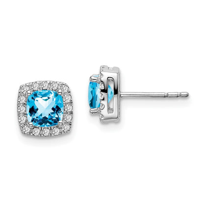 14k White Gold Cushion Blue Topaz and Diamond Halo Stud Earrings