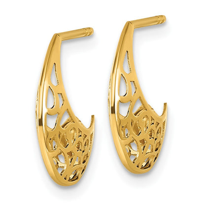 14k Yellow Gold Polished Fancy Cut Out Design J-Hoop Earrings Gift for Women