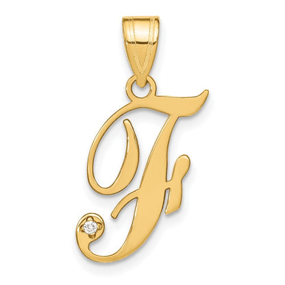 14k Yellow Gold Script Letter F Initial Pendant with Diamond for Women
