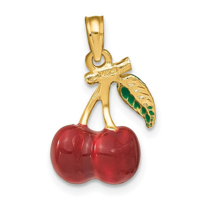 14k Yellow Gold 3-D Enamel Cherries  Leaf Charm Pendant for Women