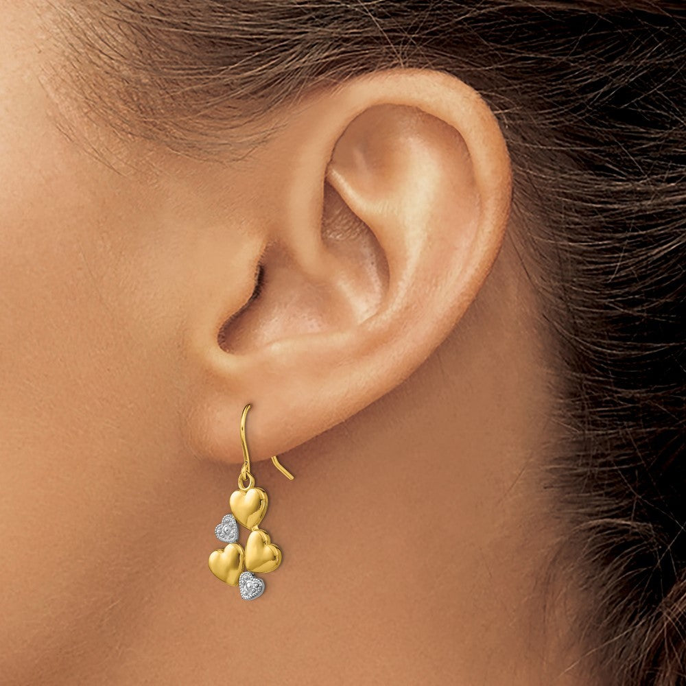 14k Yellow Gold w/Rhodium Polished Hearts Drop Dangle Earrings w/ Shepherd Hook