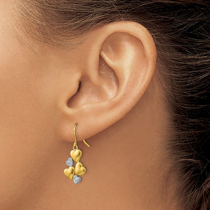 14k Yellow Gold w/Rhodium Polished Hearts Drop Dangle Earrings w/ Shepherd Hook