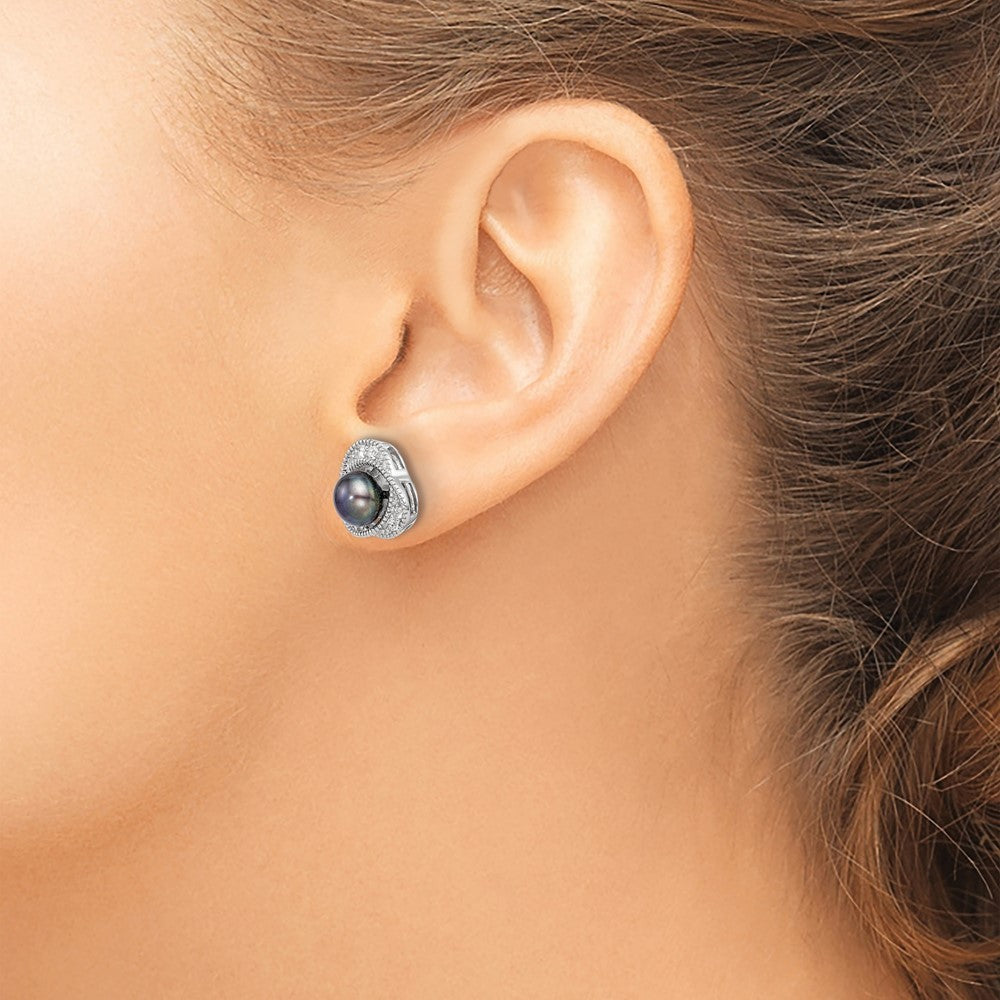 Sterling Silver Polished Black 6-7mm Freshwater Cultured Pearl & Topaz Earrings