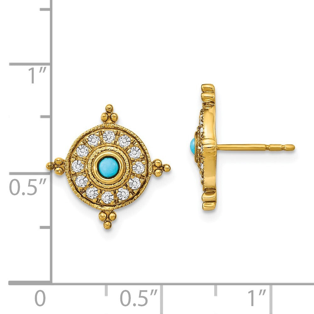 14k Yellow Gold Turquoise and White Topaz Stud Earrings