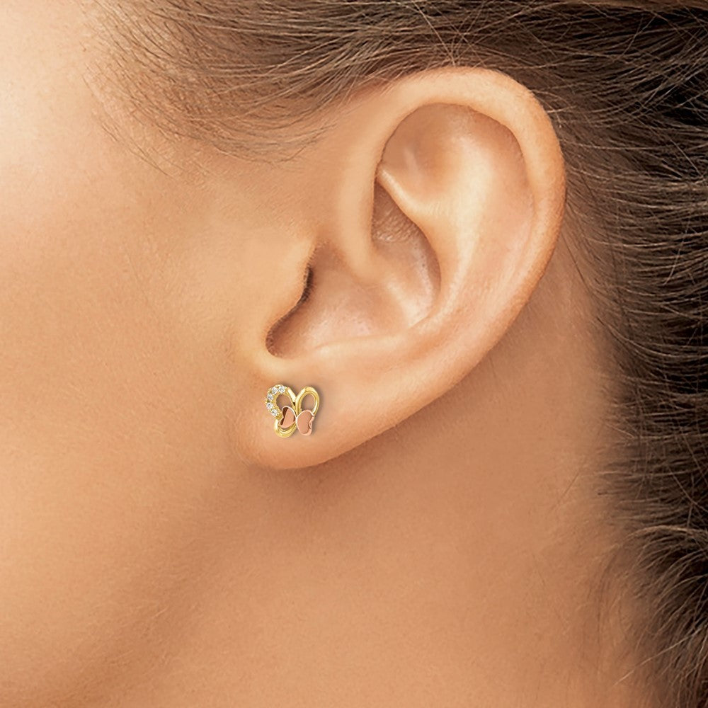 14k Two-tone Gold Polished CZ Butterfly Earrings
