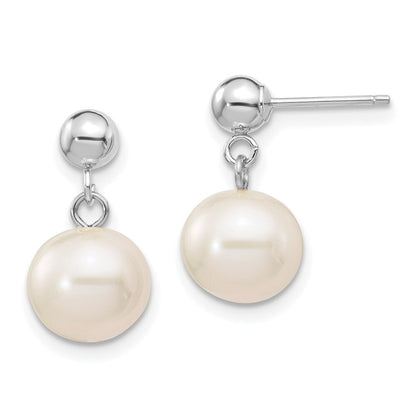 14k White Gold 8-8.5mm White Round Freshwater Cultured Pearl Dangle Earrings