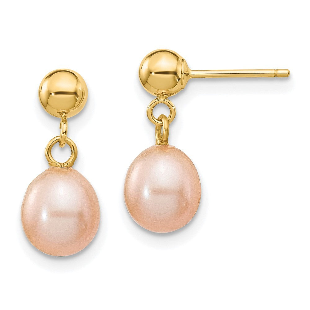 14k Yellow Gold 6-7mm Pink Rice Freshwater Cultured Pearl Dangle Earrings