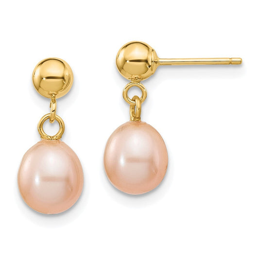 14k Yellow Gold 6-7mm Pink Rice Freshwater Cultured Pearl Dangle Earrings