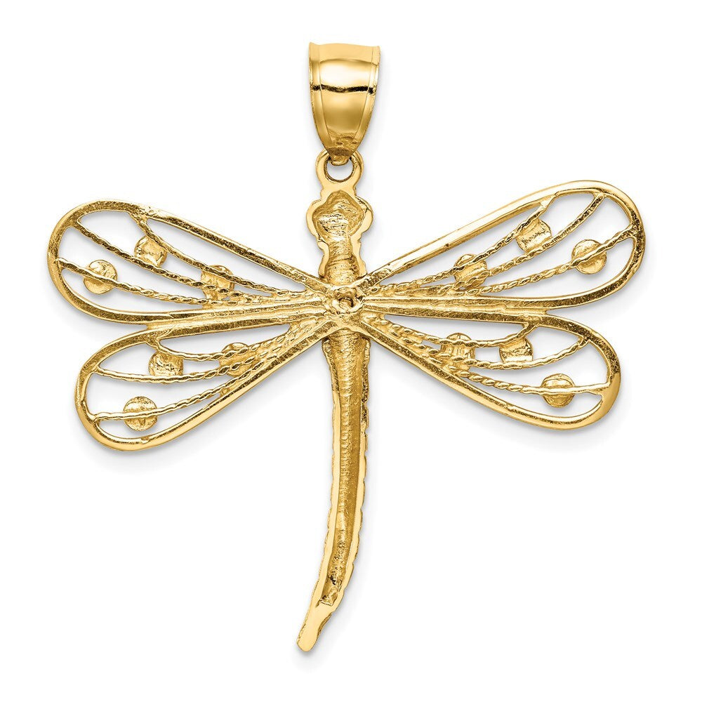 14k Yellow Gold Diamond-cut White Rhodium Dragonfly Pendant for Women