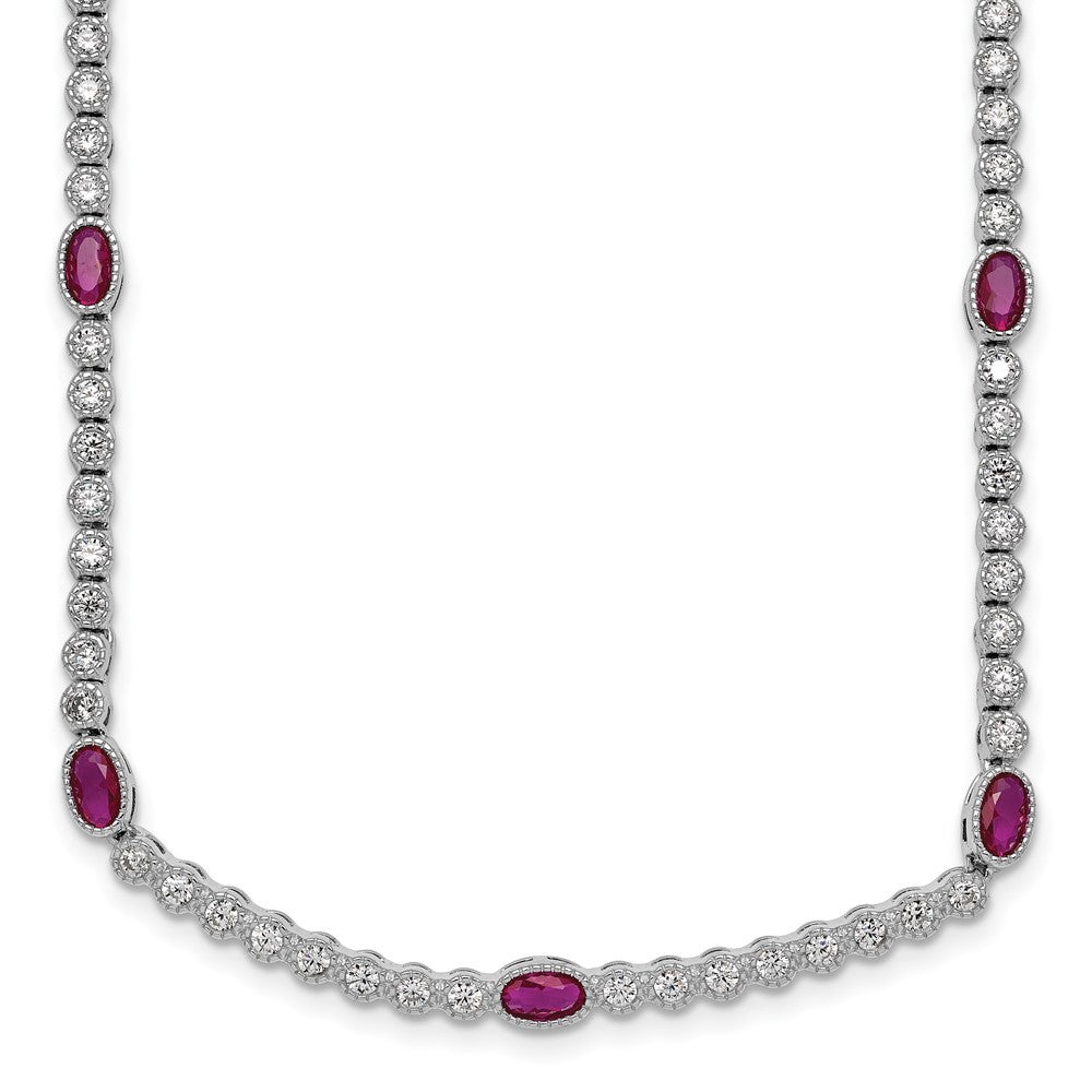 Sterling Silver and Beaded Fancy Oval Red and Round White CZ 17" Necklace