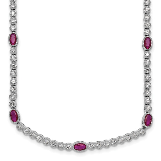 Sterling Silver and Beaded Fancy Oval Red and Round White CZ 17" Necklace
