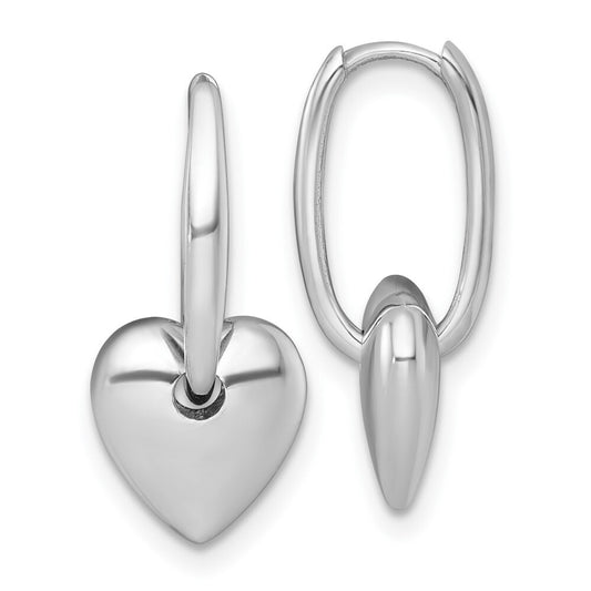 14k White Gold Polished Dangle Puffed Heart Hinged Hoop Earrings Gift for Women