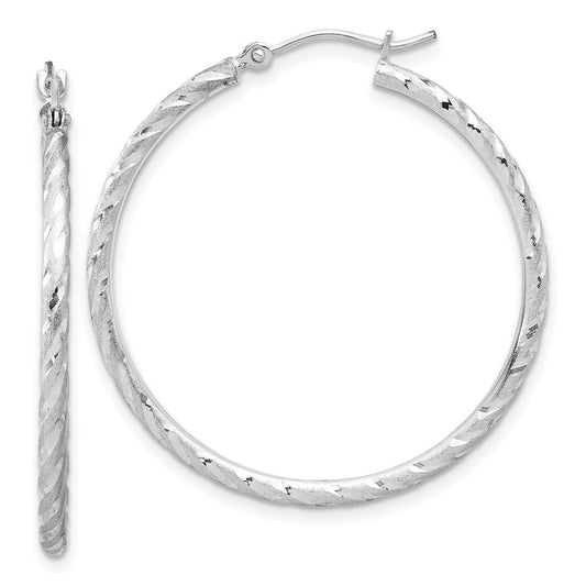 14k White Gold Polished and Satin Diamond-Cut 2mm Hoop Earrings