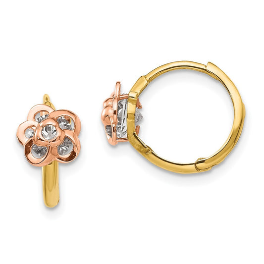 14k Yellow & Rose Gold Cubic Zirconia Flower Hinged Hoop Earrings