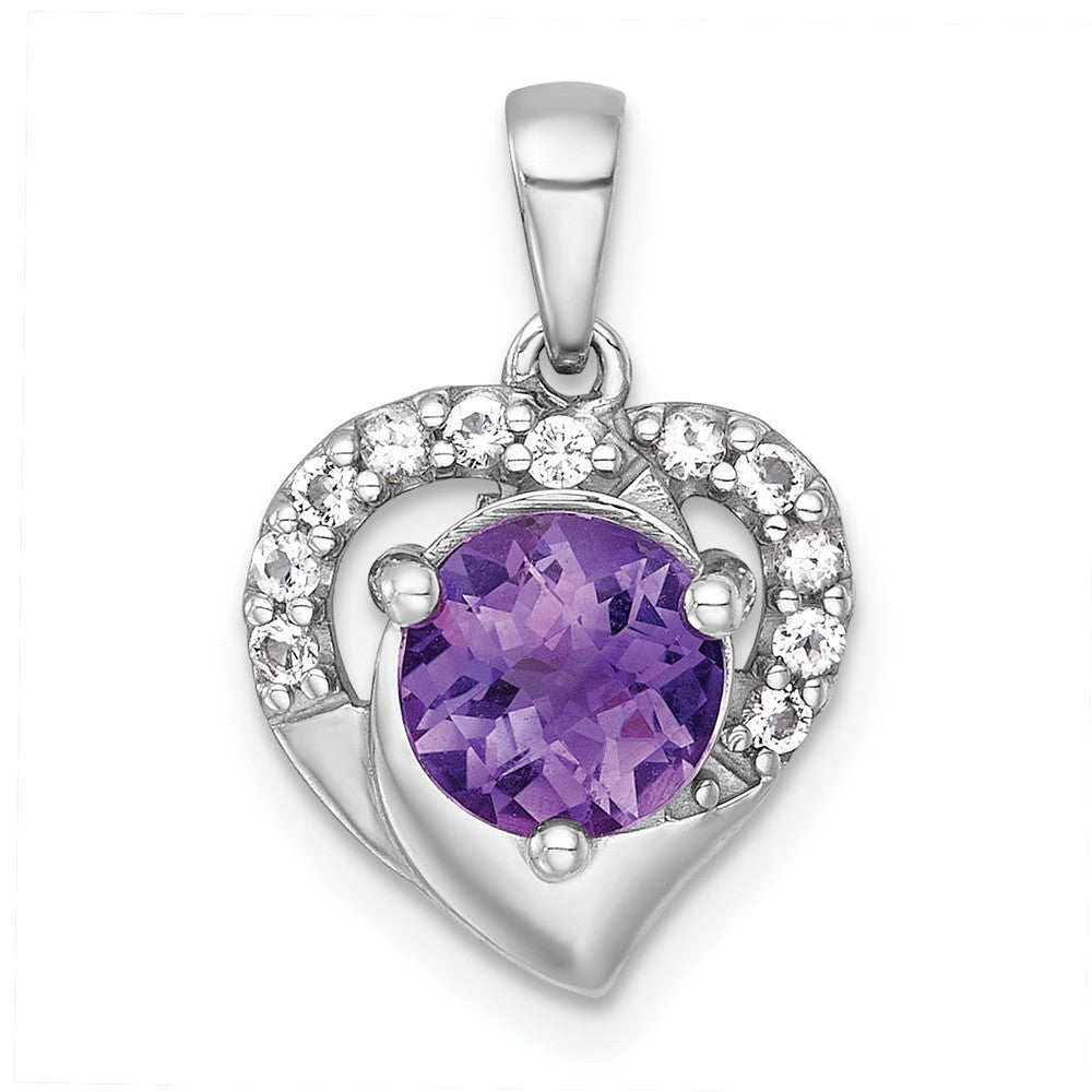 Sterling Silver Rhodium-plated  Fancy Amethyst and White Topaz Heart Pendant