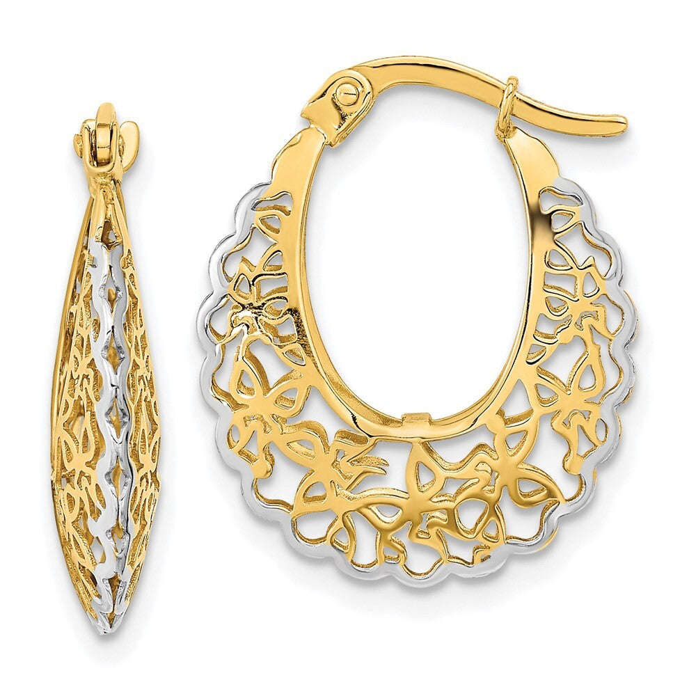 14k Yellow Gold Rhodium-plated Polished Filigree Hoop Earrings Gift for Women