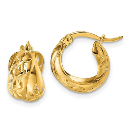 14k Yellow Gold Polished Diamond-Cut Out Floral Design Double Hoop Earrings