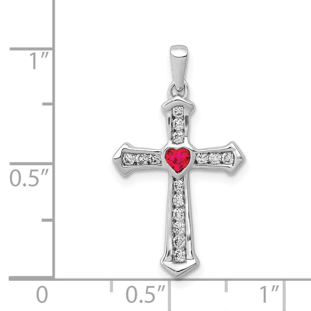 14k White Gold Ruby and Diamond Heart Cross Pendant for Women