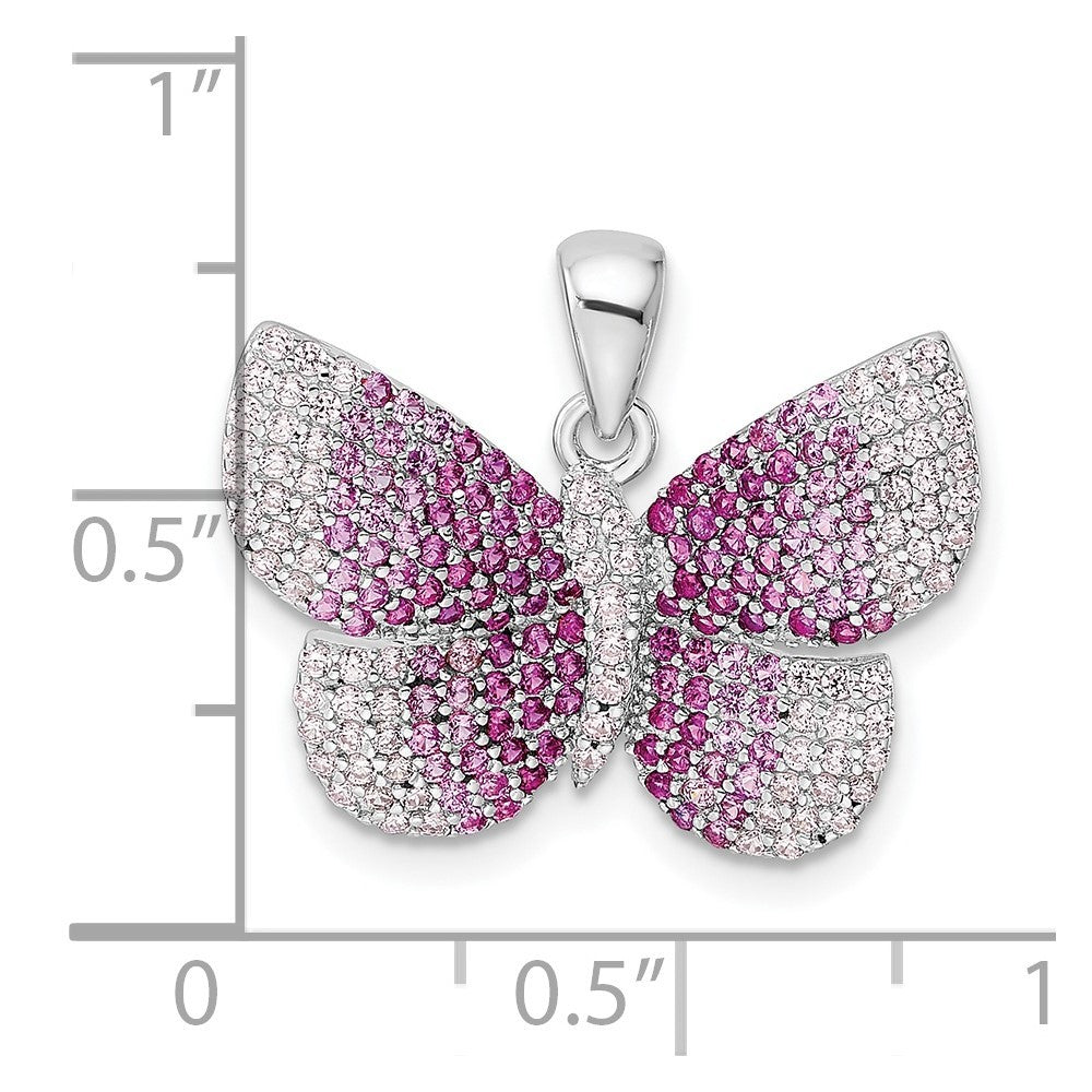 Sterling Silver Rhodium-plated Polished Pink Cubic Zirconia Butterfly Pendant