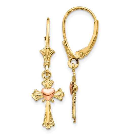 14K Two-tone Heart on Cross Drop Dangle Earrings