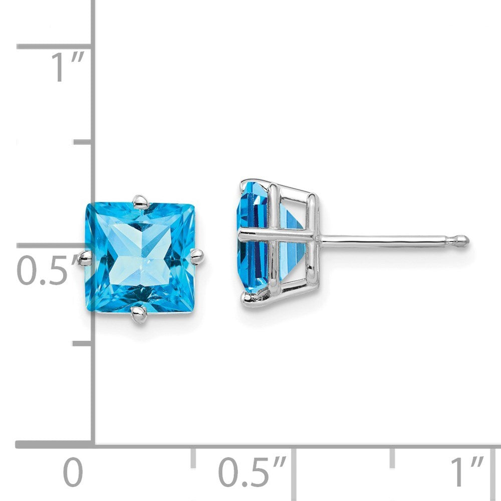 14k White Gold 7mm Princess Cut Blue Topaz Stud Earrings Gift for Women