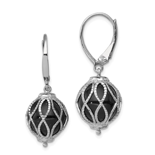 Sterling Silver Rhod-plated Polished Diamond-Cut Onyx Leverback Dangle Earrings